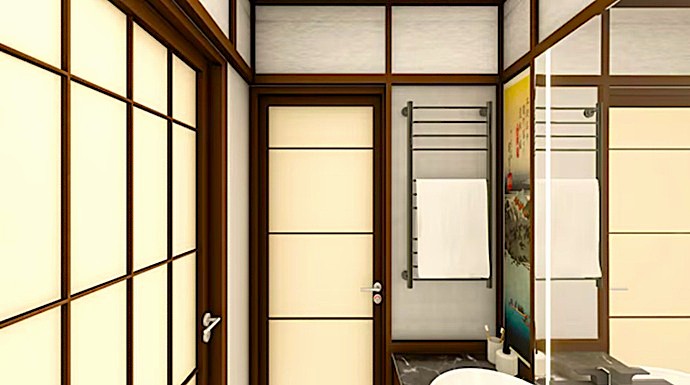Diseño de baño interior con carpintería japonesa y puerta Shoji a medida por Shoji España.