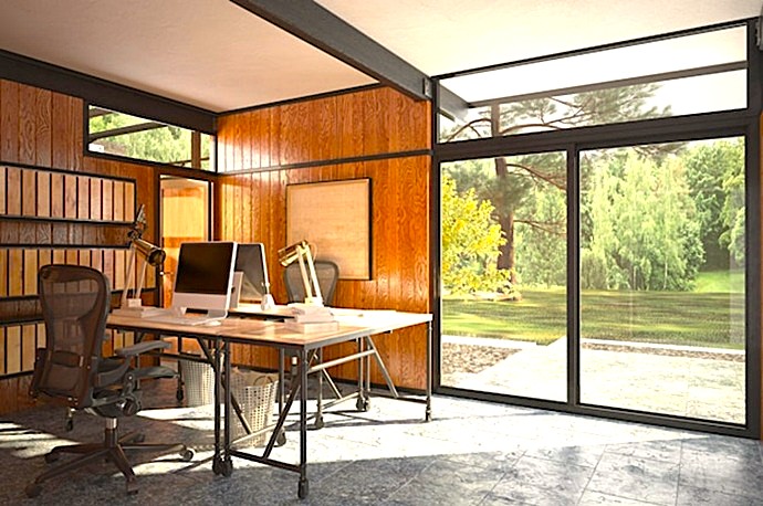 Zona de teletrabajo ergonómica con mesas personalizadas en madera y hierro, instalada por Shoji España en Madrid.