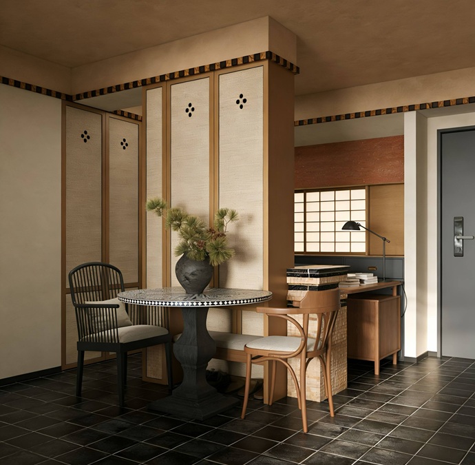 Diseño de interiores con paneles Shoji fijos y mobiliario a medida en salón elegante.