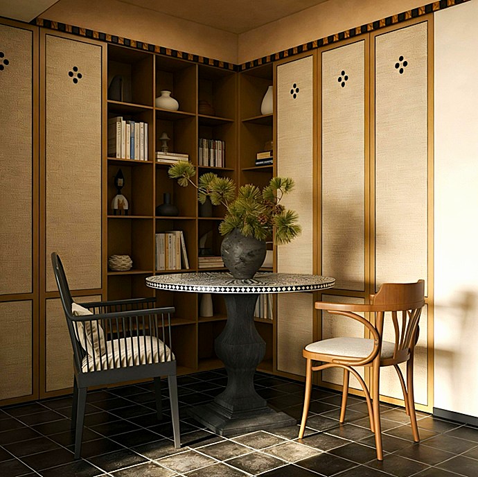 Interiorismo premium en Madrid con decoración Japandi y armarios de madera personalizados con paneles de inspiración japonesa.