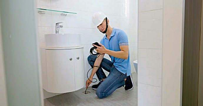 Especialista de Desatasco Tenerife SurFix evaluando el correcto sellado y ventilación de la red de saneamiento en un baño del sur de la isla.