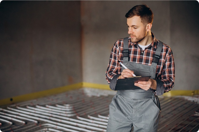 Técnico especialista auditando el circuito de tuberías de calefacción en una instalación de fontanería invisible.