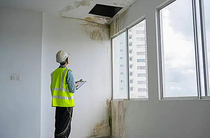 Técnico veterano evaluando daño estructural por infiltración en muro y forjado.