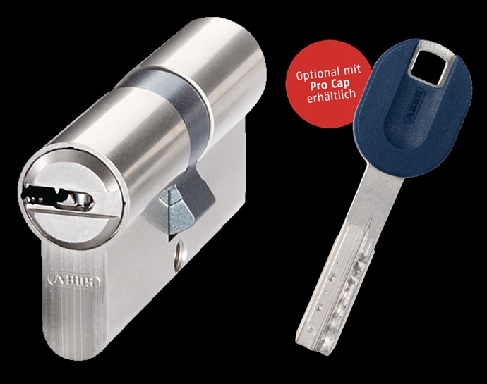 Cilindro de alta seguridad Abus Bravus Modular en acabado níquel satinado junto a su llave reversible de alta gama equipada con caperuza Pro Cap de color azul.