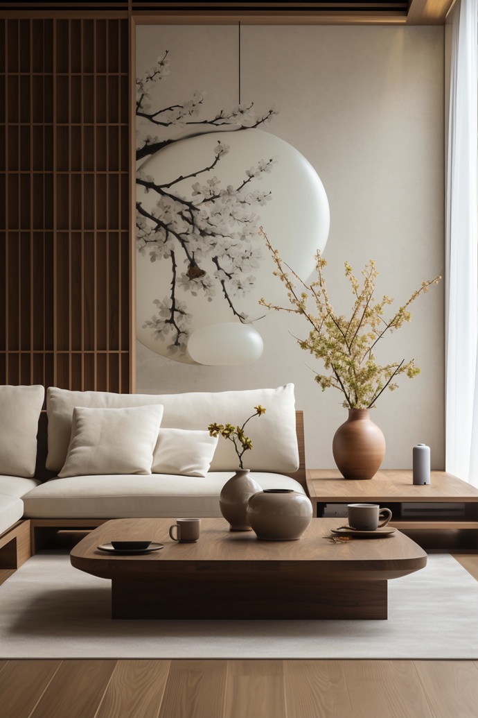Salón de carácter zen con panel divisorio de trazo minimalista y detalles florales evocadores.