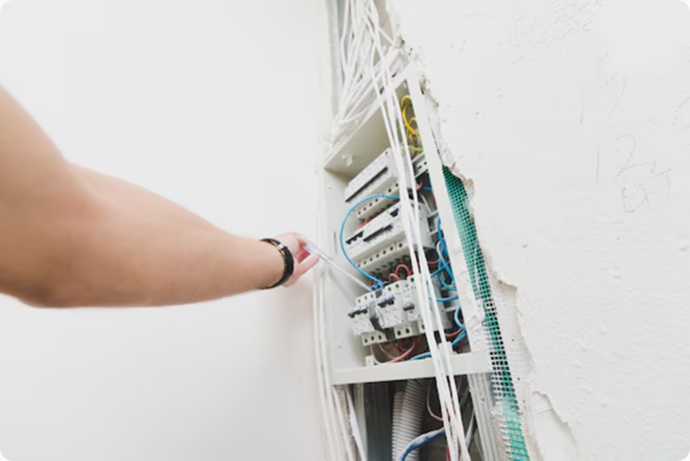 Detalle técnico de la comprobación y ensamblaje final de un cuadro eléctrico de alta seguridad en una reforma de lujo en Madrid.