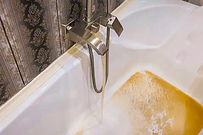 Filtración de sedimentos y arena acumulada bloqueando el desagüe principal de una bañera en una zona residencial del sur de Tenerife.
