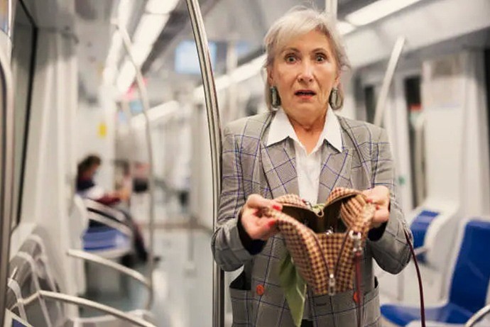 Ciudadana detectando el robo de sus pertenencias personales dentro de un vagón de metro en Barcelona.