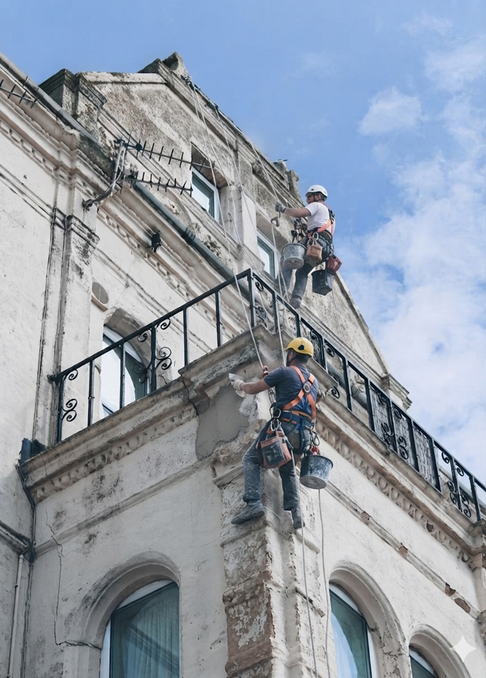 Operarios de plantilla propia sanando paramento vertical clásico en Valencia.