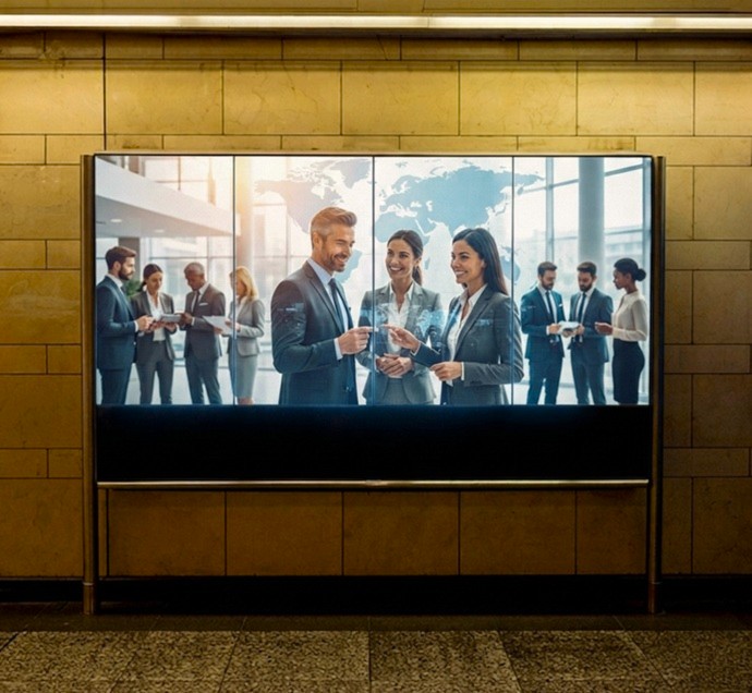 Mosaico digital videowall mostrando un mapamundi en el vestíbulo corporativo de una firma en Cataluña.