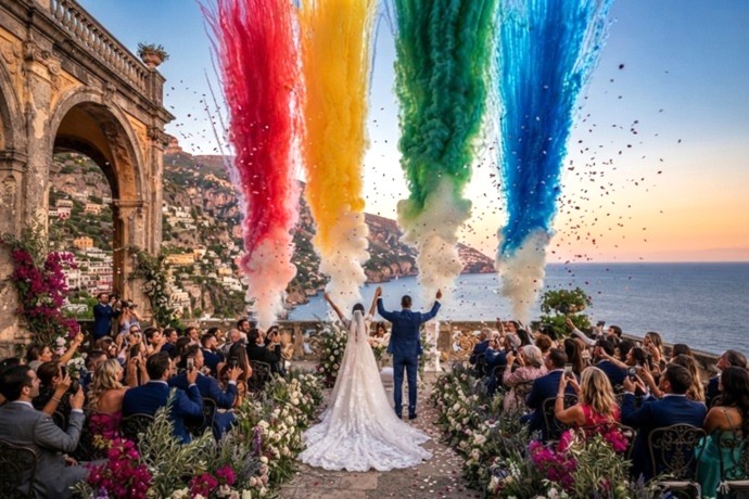 Pareja de novios celebrando frente al mar en una balconada mientras surgen cuatro columnas de humo de colores saturados.