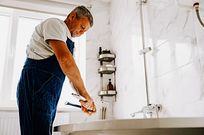 Técnico de fontanería ajustando un grifo mezclador de bañera durante un servicio de mantenimiento en Las Galletas.