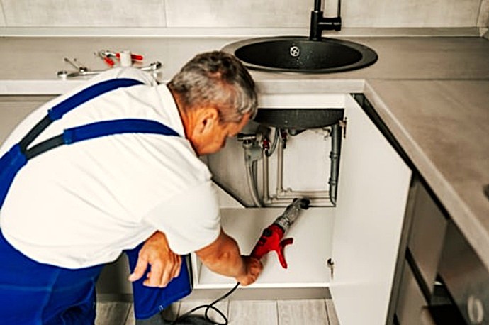 Fontanero de SurFix operando un desatascador mecánico rotativo en el desagüe de una cocina en El Médano.