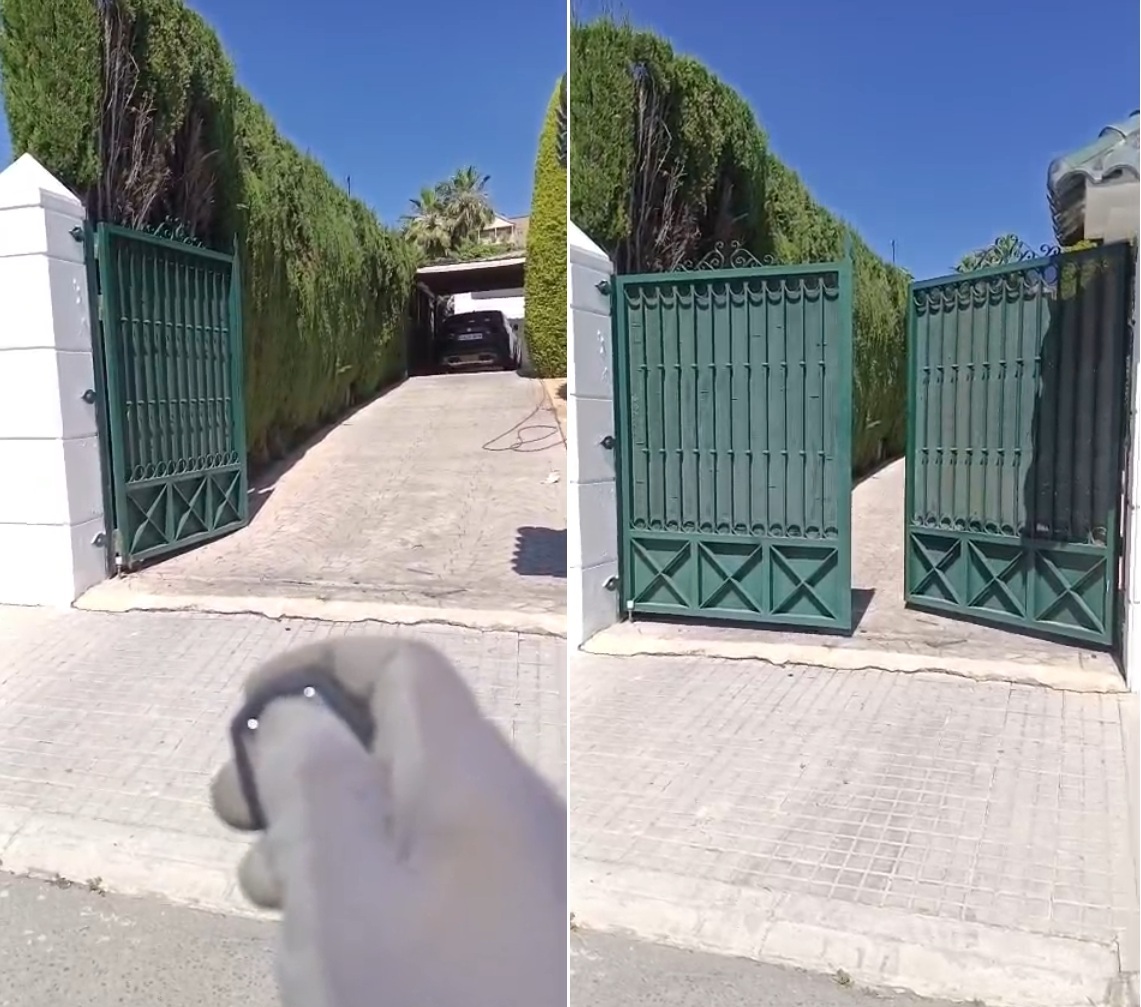 Prueba de apertura automática con mando a distancia en cancela de doble hoja verde en chalet de Arenales del Sol.