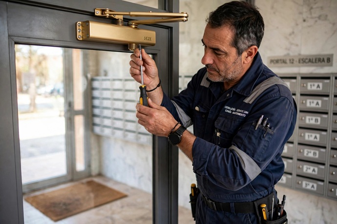 Técnico ajustando la válvula de un muelle cierrapuertas hidráulico en el portal de una comunidad de vecinos.