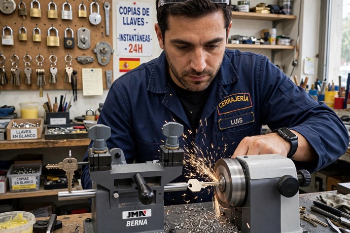 Técnico de Cerrajeros Técnicos calibrando el corte milimétrico en una máquina duplicadora electrónica de llaves.