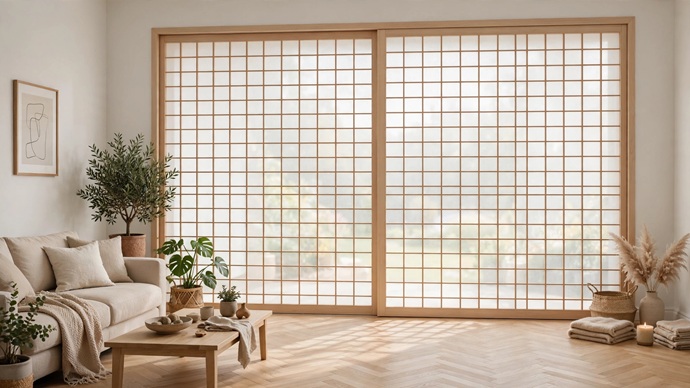 Puertas correderas Shoji de madera clara instaladas en salón por Shoji España by New Design Madrid.