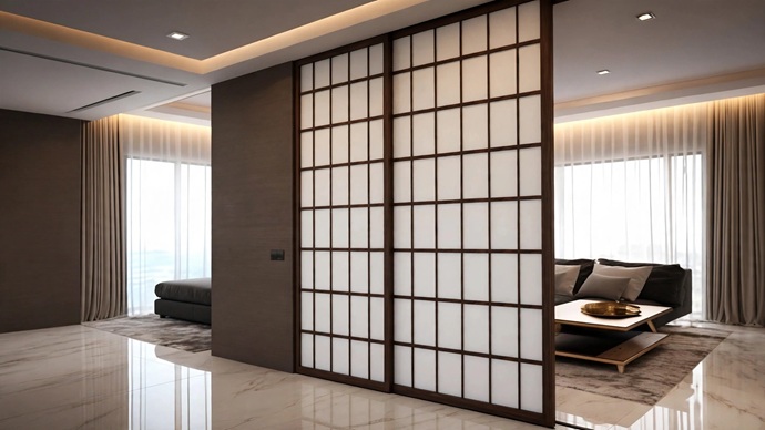 Separador de ambientes estilo japonés con perfiles oscuros instalado por Shoji España by New Design Madrid.