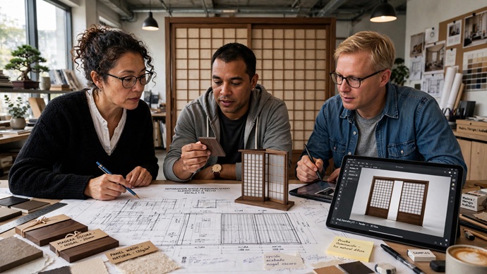 Equipo técnico de Shoji España by New Design Madrid planificando el diseño a medida de un separador japonés.