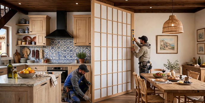 Instalación de separador de ambiente estilo japonés entre cocina y comedor por Shoji España by New Design Madrid.