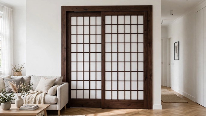 Puertas Shoji a medida en madera oscura instaladas en paso de salón por Shoji España by New Design Madrid.