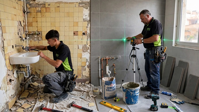 Técnicos trabajando con nivel láser y replanteo de fontanería