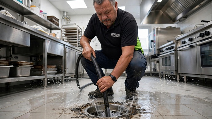 Técnico desatascando sumidero con manguera de presión