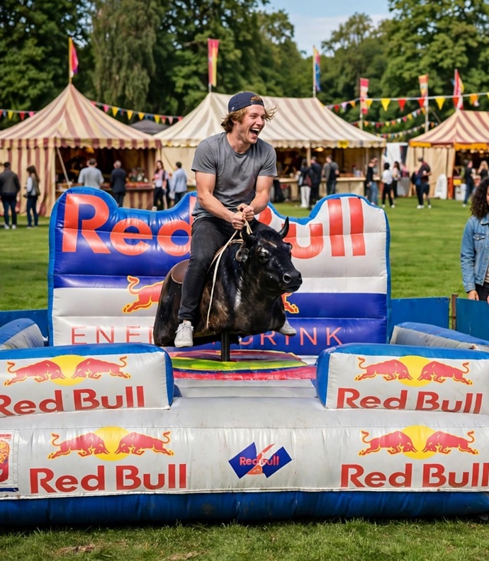 Participante en atracción de toro mecánico Red Bull para fiestas en Alicante Hinchables Josema