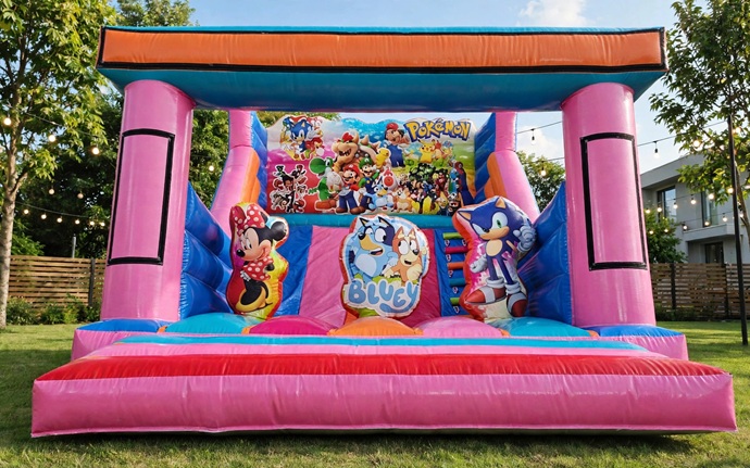 Castillo hinchable multitemático Bluey Sonic y Mario con tobogán Alicante Hinchables Josema.