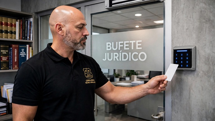 Técnico de Cerrajeros Técnicos validando un lector de control de acceso digital con tarjeta en una puerta de oficinas.