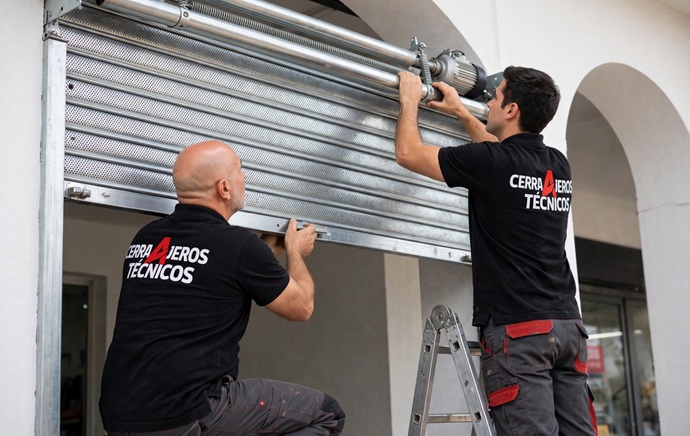Dos técnicos de Cerrajeros Técnicos colaborando en la reparación y ajuste de un sistema de persiana metálica en un local de Barcelona.