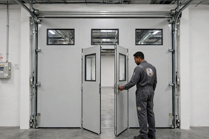 Operario de Puertas Automáticas D.A. abriendo el portillo peatonal de una puerta seccional industrial en Murcia.