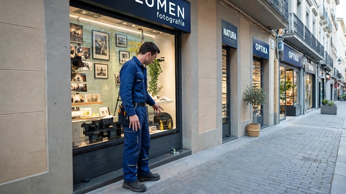 Técnico revisando el sistema de cierre inferior de un escaparate comercial en el centro de La Línea.