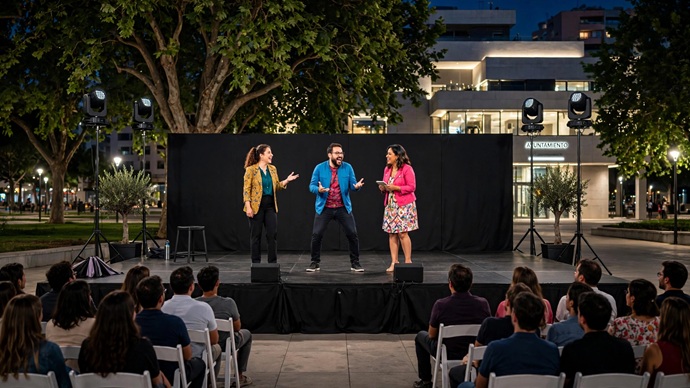 Discotecas Móviles Innovagroup realizando montaje de escenario con trasera negra focos e iluminación para actuación privada en Salou
