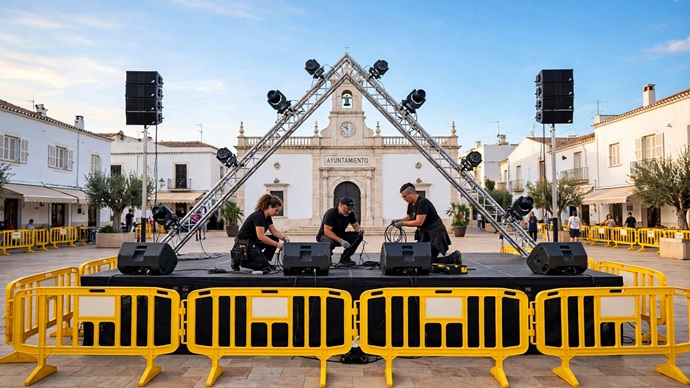 Discotecas Móviles Innovagroup en fase de montaje de escenario con estructura truss triangular altavoces y vallas en plaza consistorial.